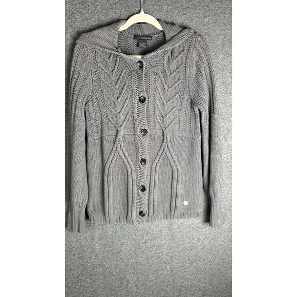 CALVIN KLEIN Women’s Gray Hooded Knit Cardigan Sweater Size Large Fall Cozy - Picture 2 of 12